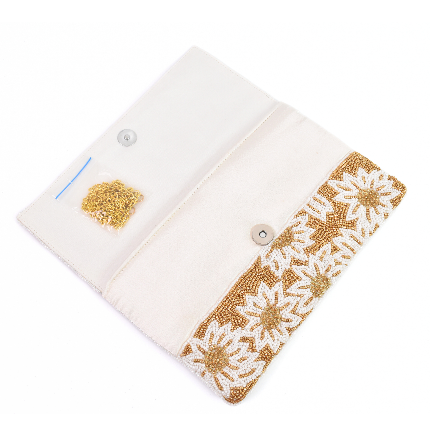 White Flowers Gold Handbag Clutch, Crossbody Purse, Gift BAG0025