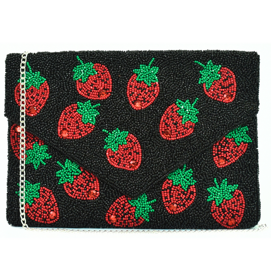 Black Red Strawberry Handbag Clutch, Beaded Party Purse Bag, BAG0006