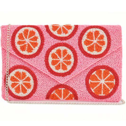 Pink Orange Slice Handbag Clutch, Beaded Party Purse Bag, BAG0007