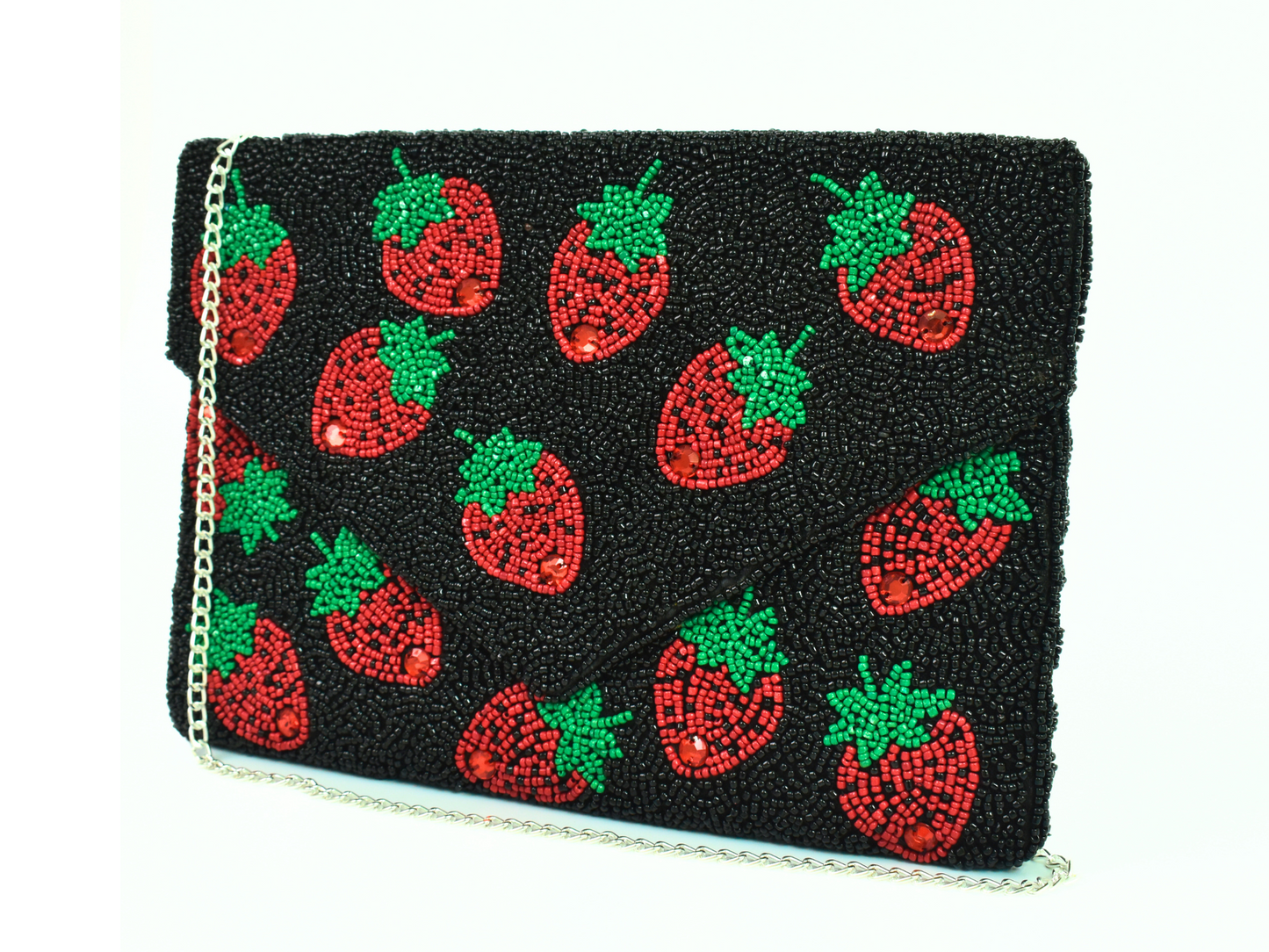 Black Red Strawberry Handbag Clutch, Beaded Party Purse Bag, BAG0006