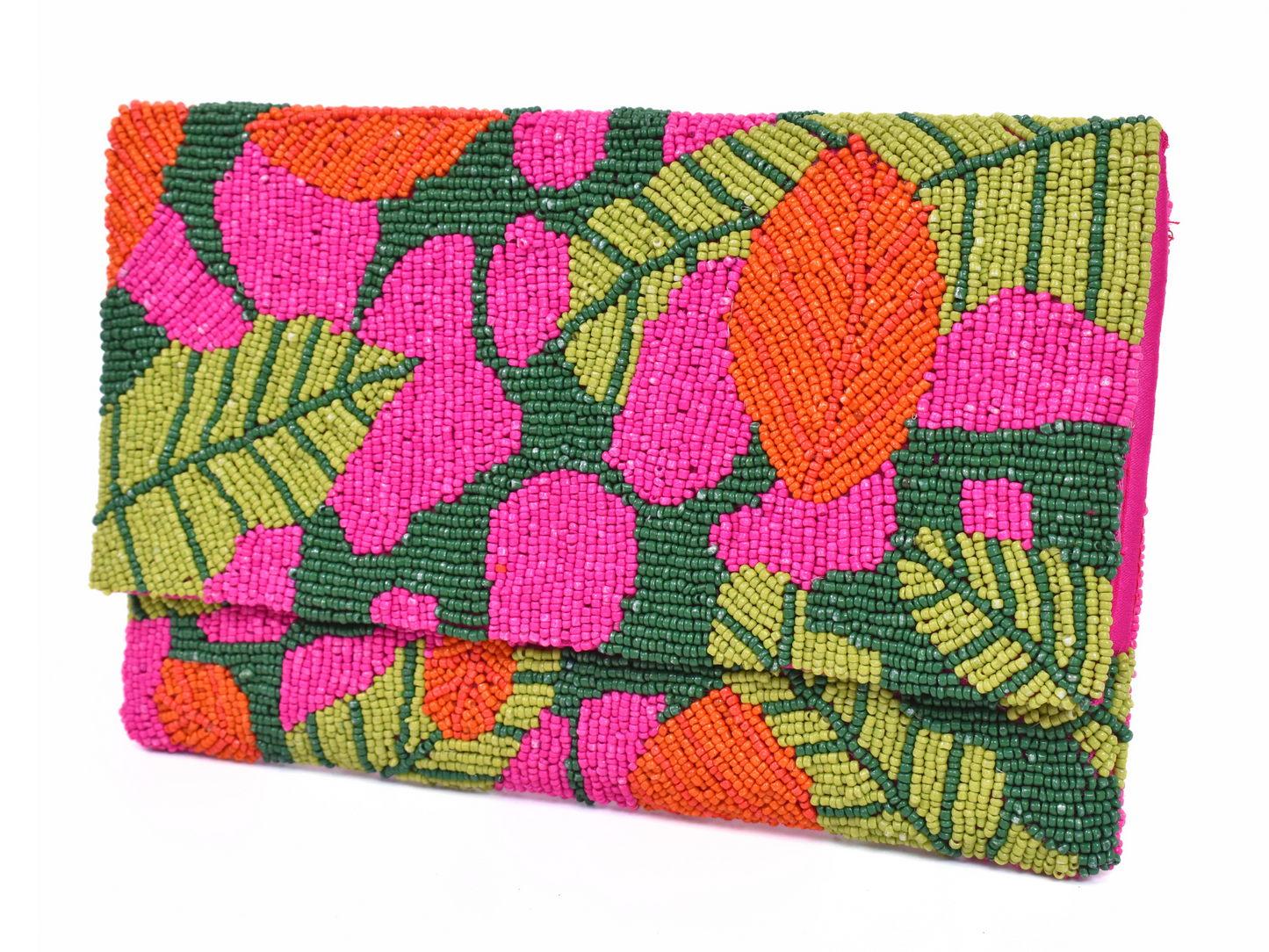 Pink Green Tropical Handbag Clutch, Beaded Purse Gift BAG0009