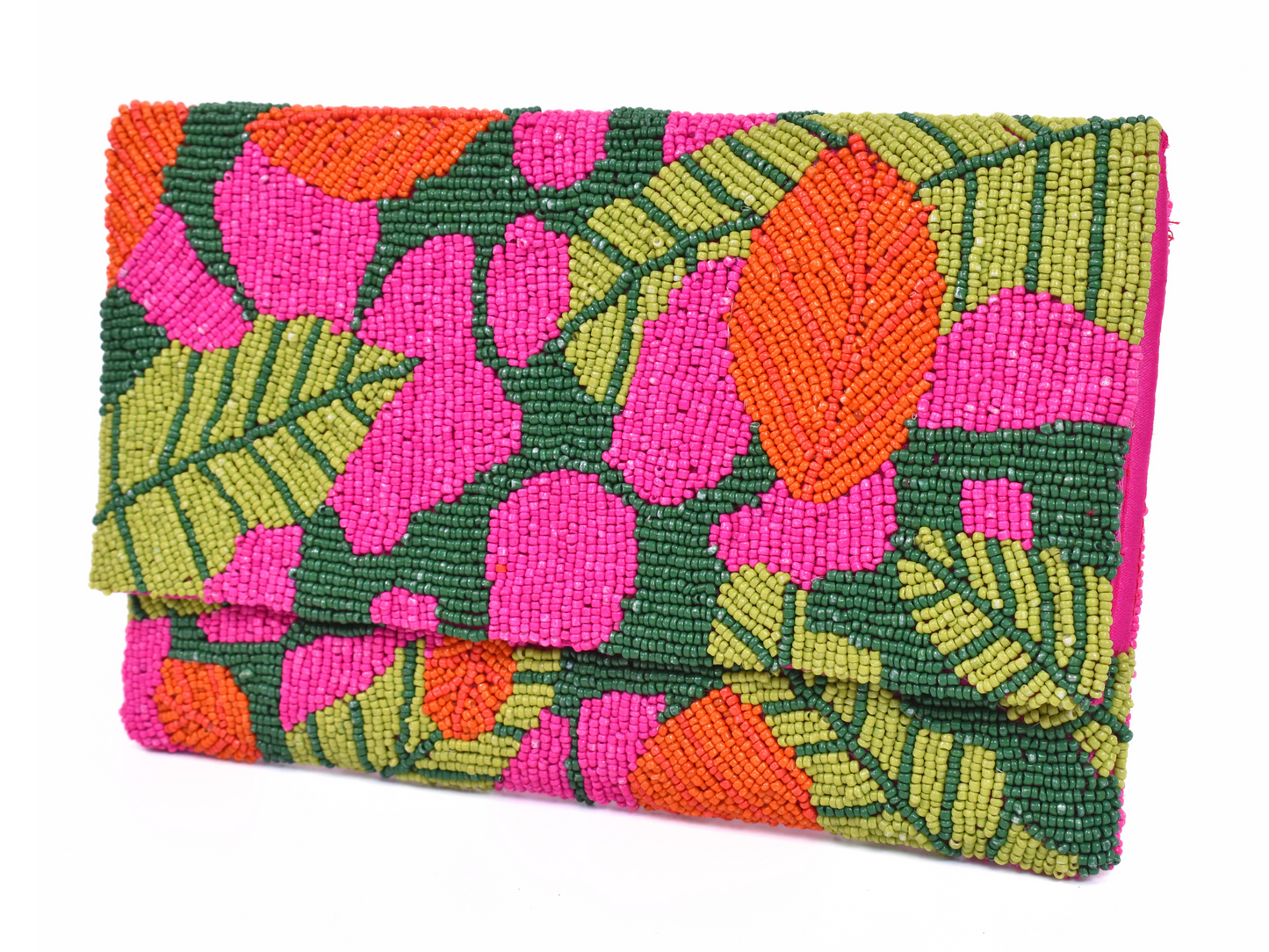 Pink Green Tropical Handbag Clutch, Beaded  Purse Gift BAG0009