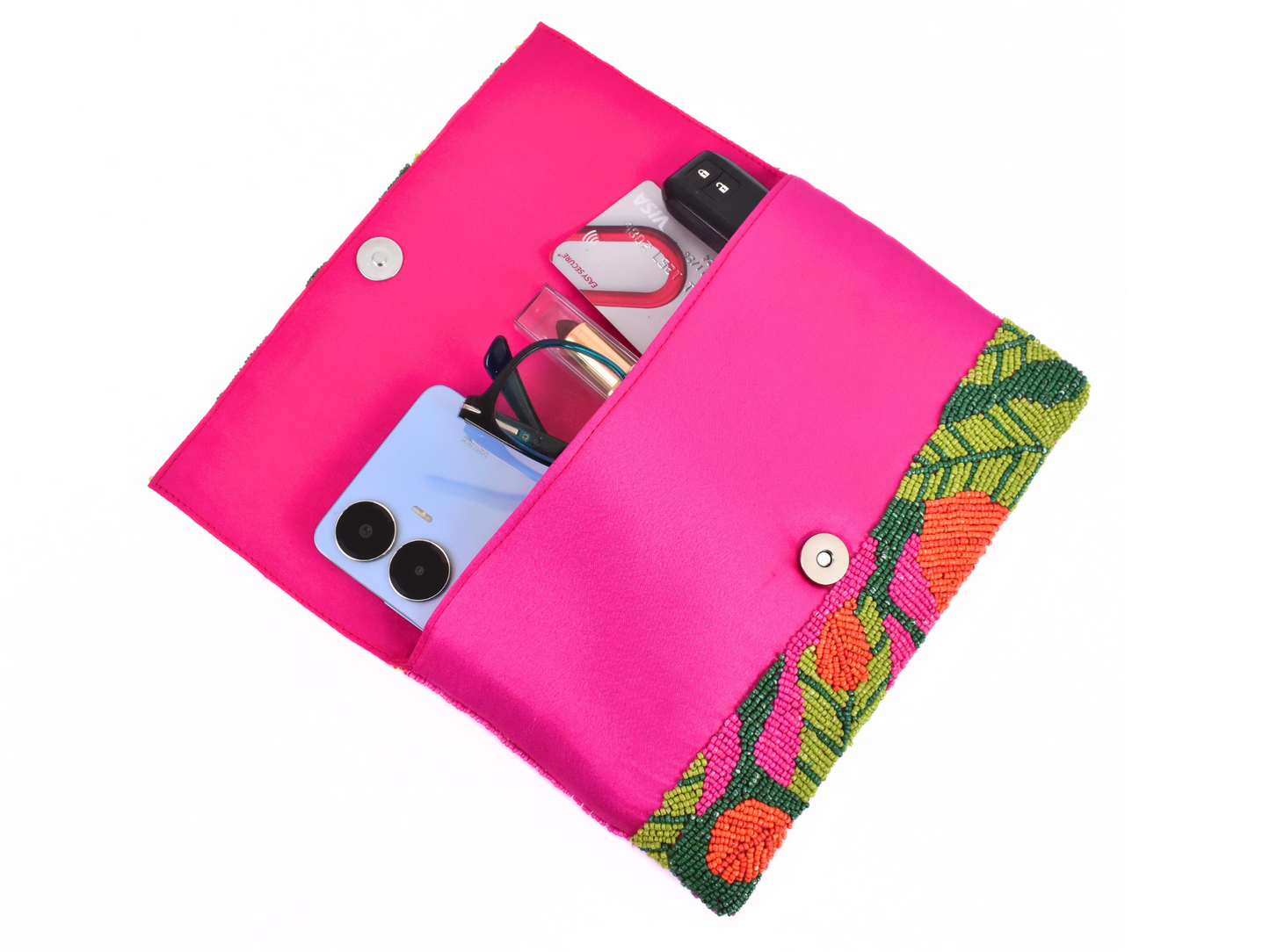 Pink Green Tropical Handbag Clutch, Beaded  Purse Gift BAG0009