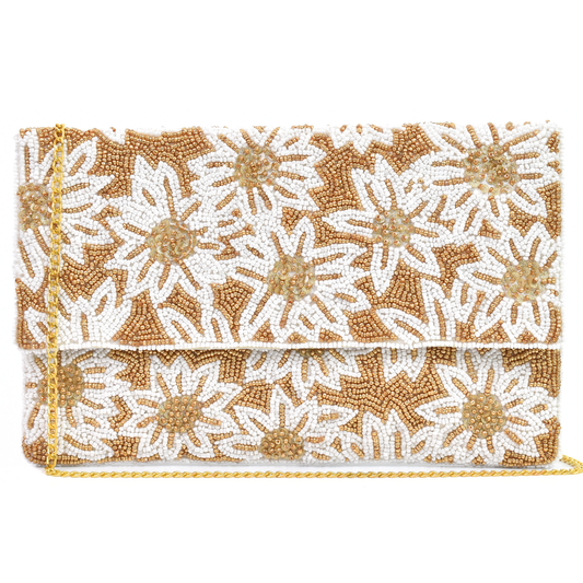 White Flowers Gold Handbag Clutch, Crossbody Purse, Gift BAG0025