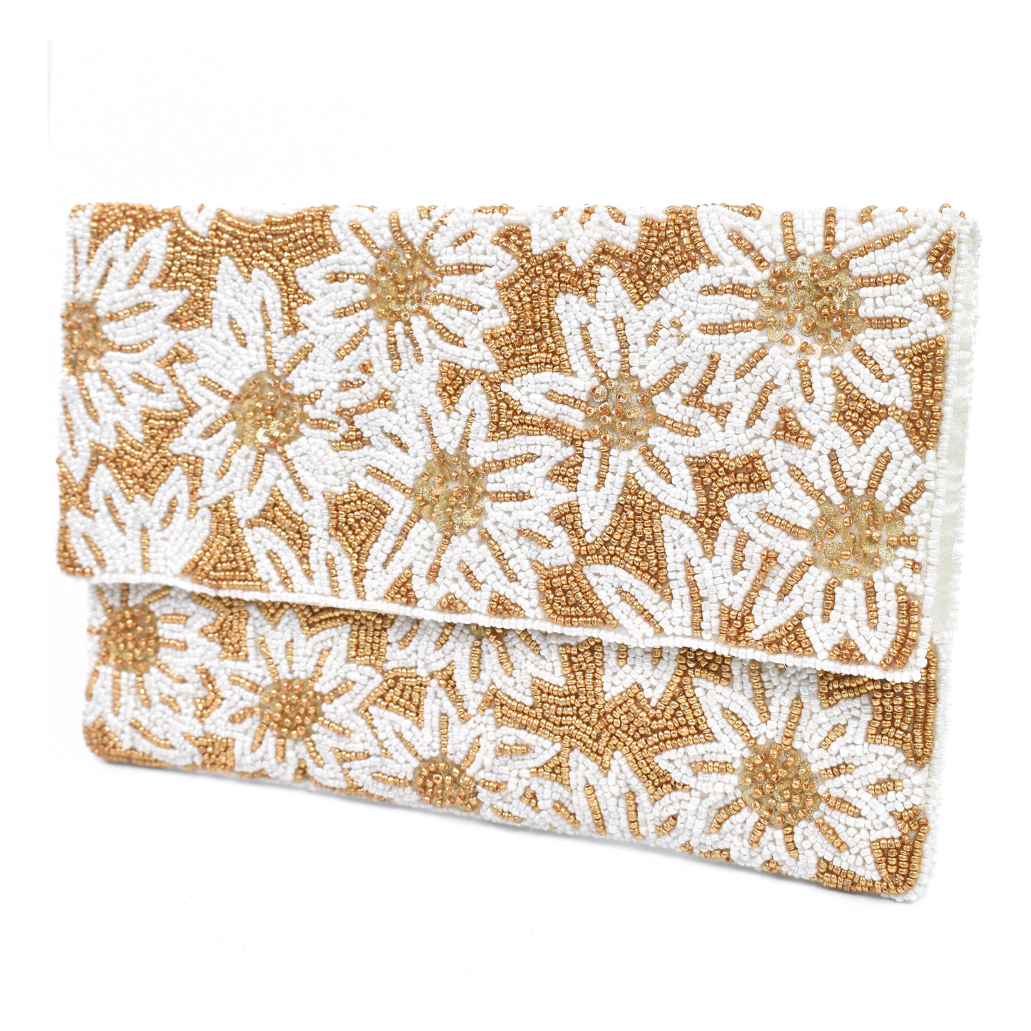 White Flowers Gold Handbag Clutch, Crossbody Purse, Gift BAG0025