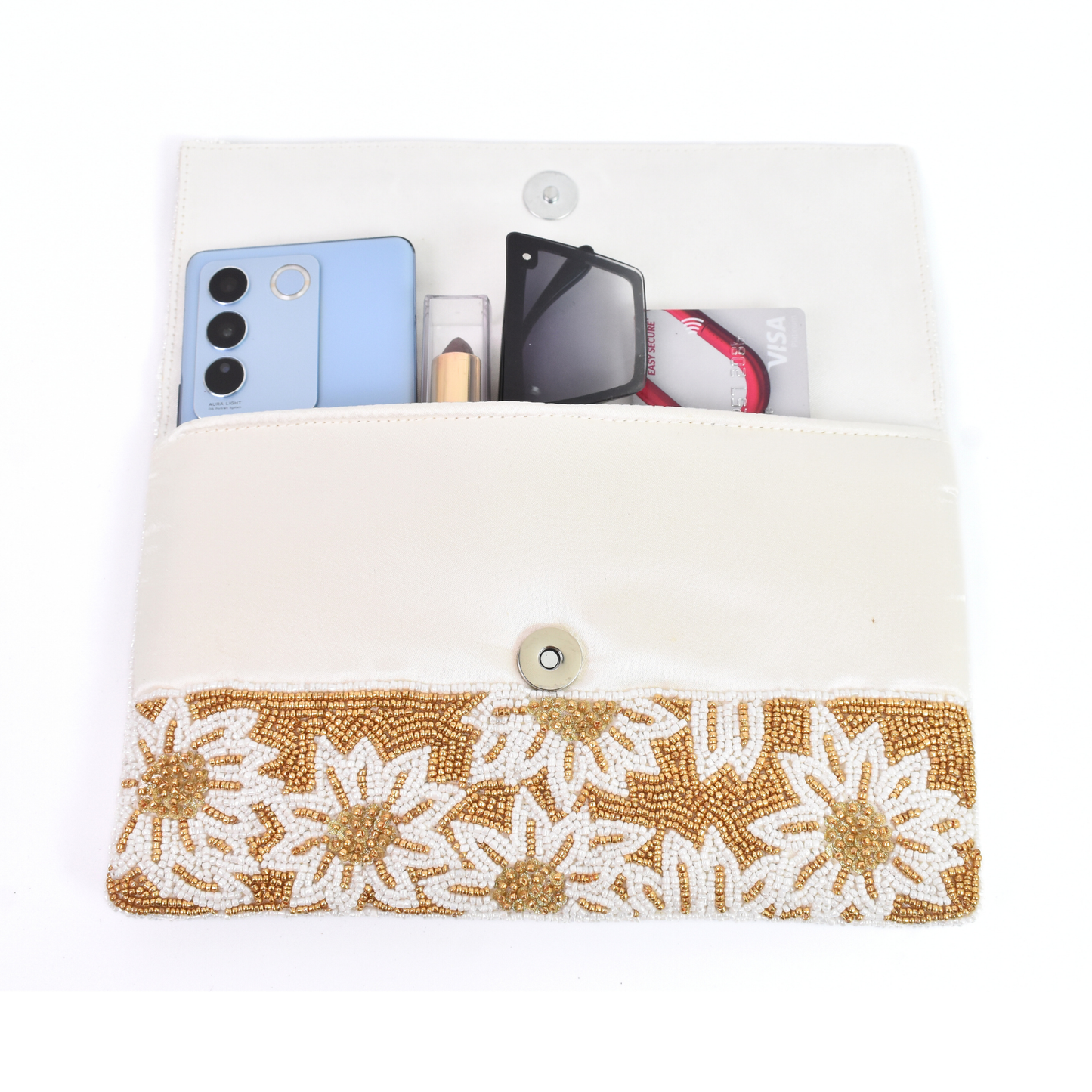 White Flowers Gold Handbag Clutch, Crossbody Purse, Gift BAG0025