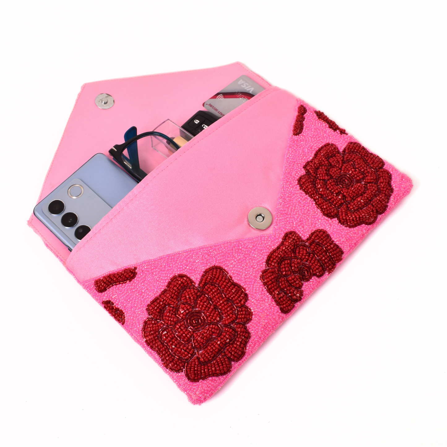 Pink Red Rose Handbag Clutch, Crossbody Purse Gift BAG0082